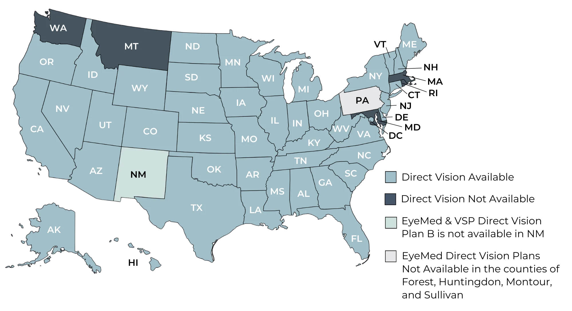 Map of the United States where Direct Vision is available